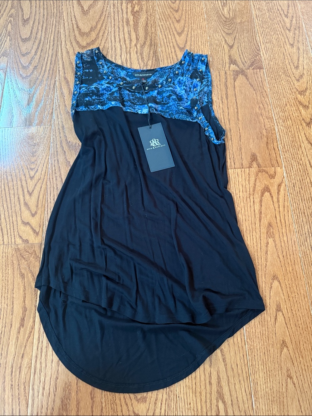 Renee C. Black Tank with Blue Patterned Yoke